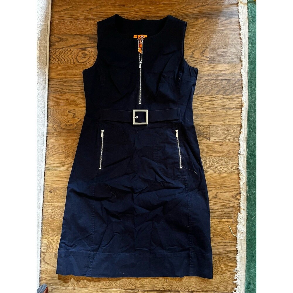 Tory Burch Belted Shirt Dress Sz 6 Zip Front Fitted Sleeveless Navy Blue Bodycon